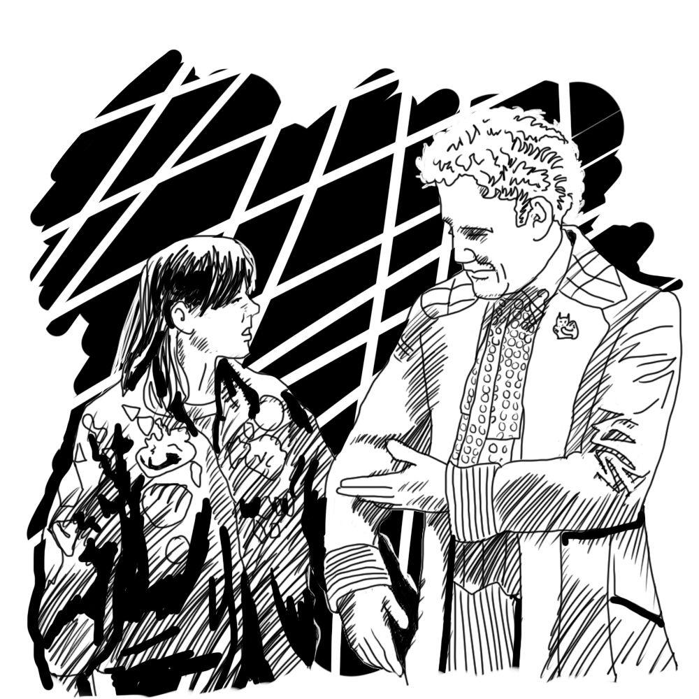 A young woman looks confused at a tall man in a patchwork coat