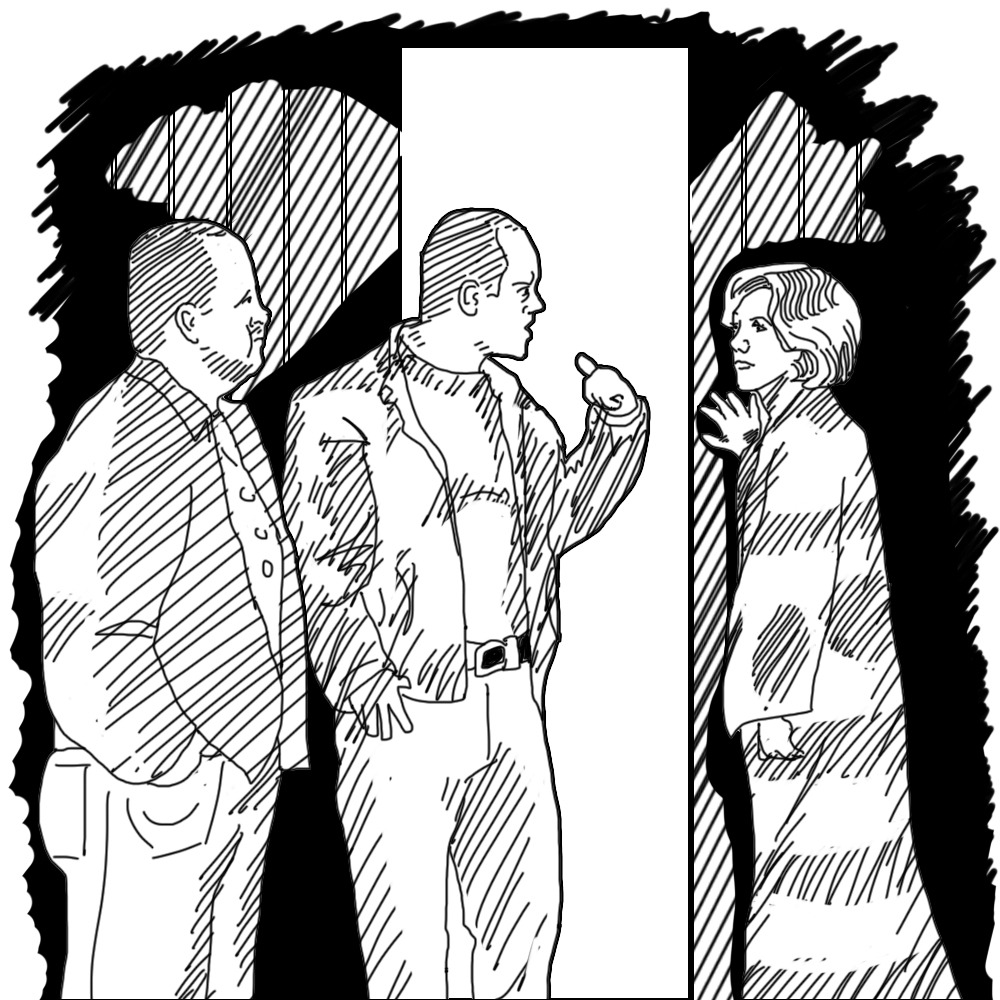 Two bald men confront an elegant woman in a garage