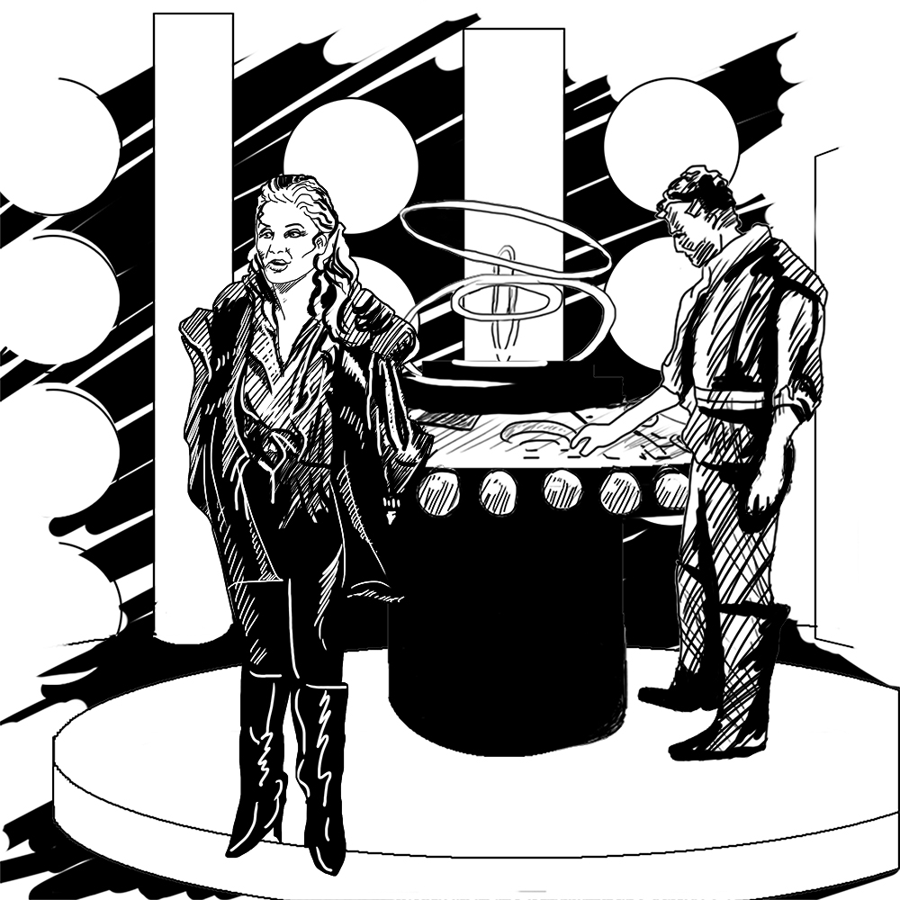 A woman looks off in thought as a young man inspects a futuristic computer console.